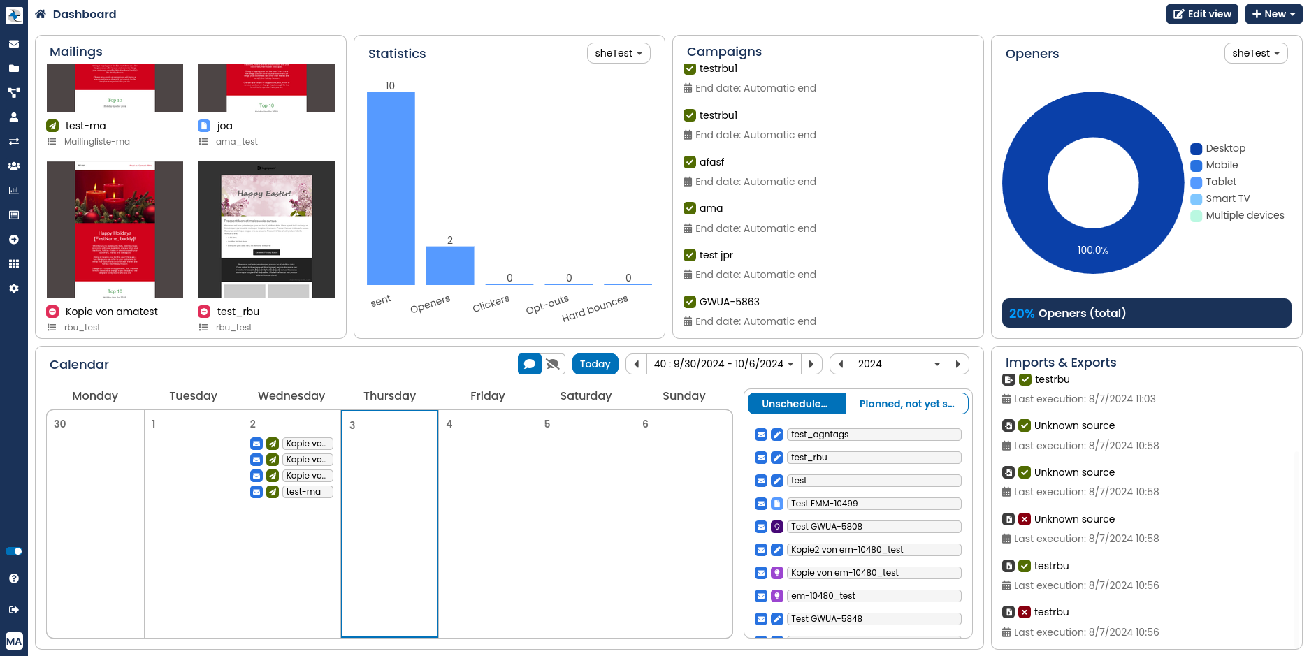 OpenEMM dashboard with latest mailings, planning calendar, status of active campaigns,etc.