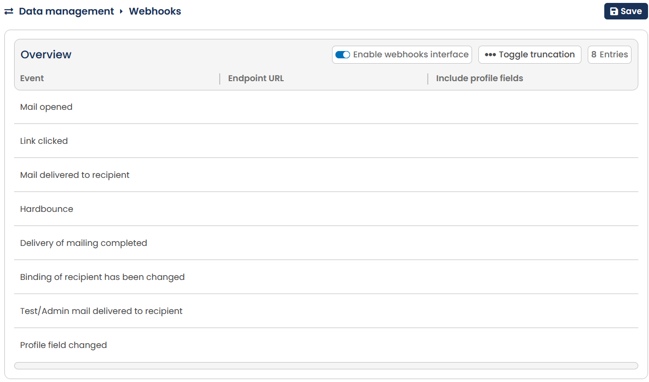 This image shows the webhooks overview in EMM/OpenEMM.